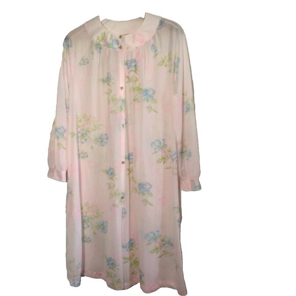 Vintage Nightgown L Semi Sheer Button Collar Pink Blue Floral Granny Grannycore - Picture 1 of 16